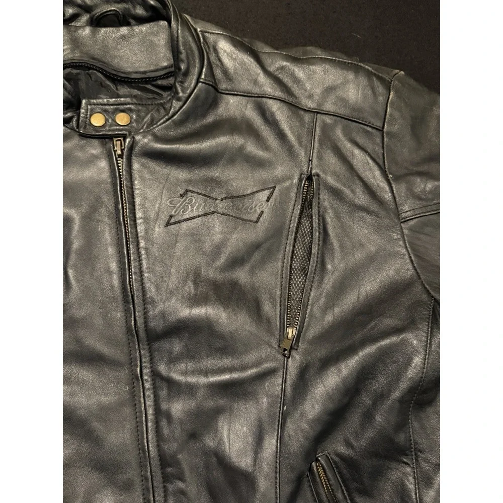 Budweiser Vintage Black Leather Embroidered Jacket Mens XL